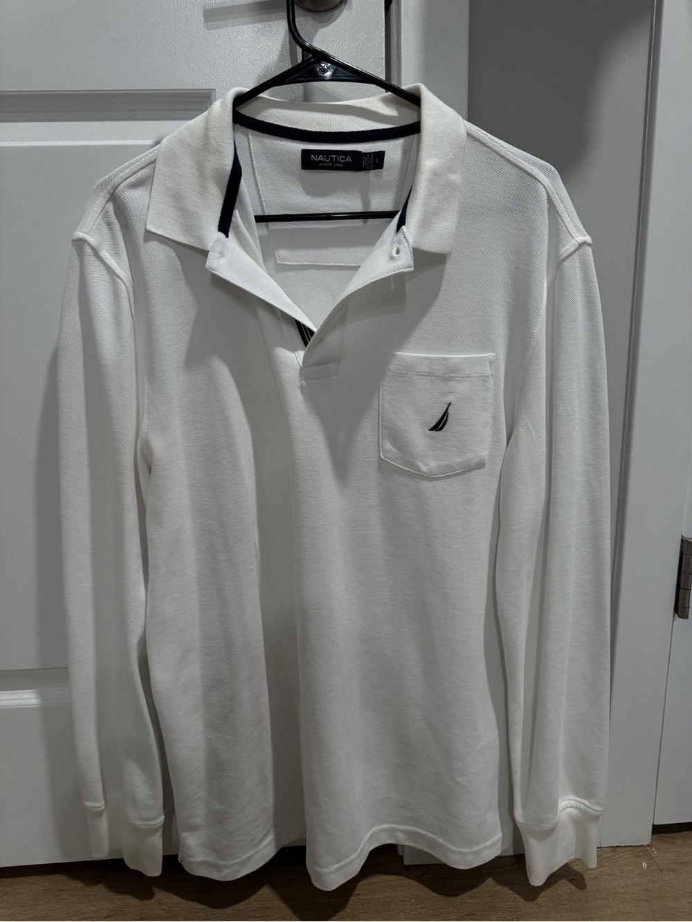 Nautica Men’s Long Sleeve White Polo Shirt with Pocket Large
